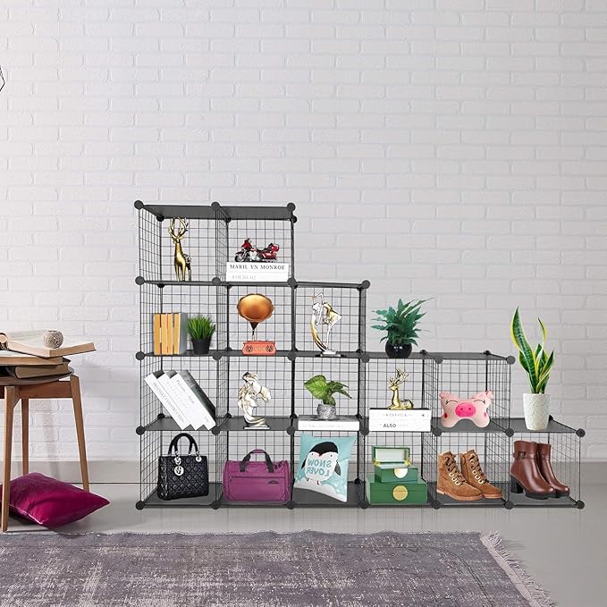 TUMUCUTE Wire Cube Storage Organizer, Metal Storage Shelves Bookshelf, Stackable Modular Closet Organizer for Bedroom Living Room, Office,Storage Shelves（16-Cube，Black）