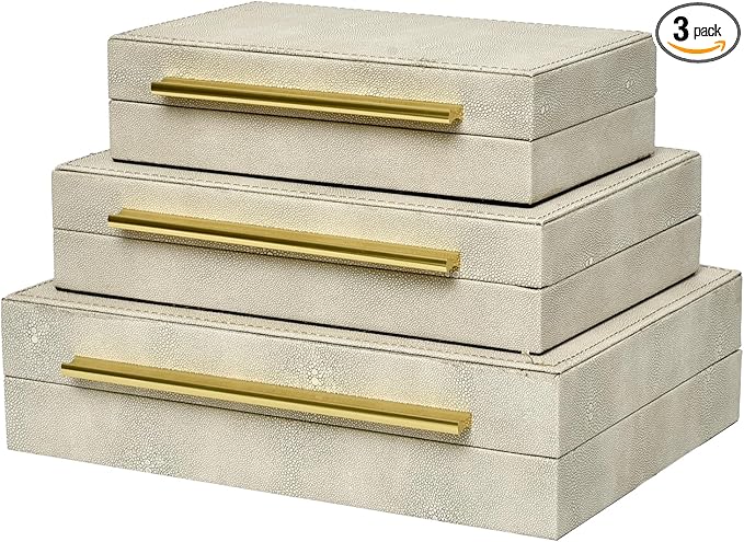Faux Shagreen Leather Jewelry Storage Boxes Set of 3 with Gold Handles, Velvet Lined Stackable Organizer for Women, Vanity, Dresser, Gift, White