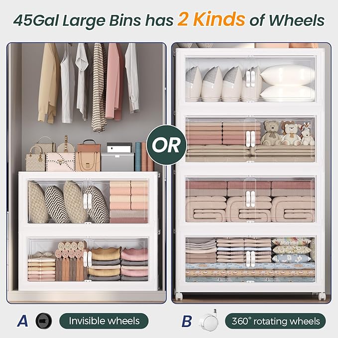 900QT Extra Large Stackable Storage Bins with Lid, 225Gal Collapsible Closet Organizer Box with Wheels, Folding Plastic Storage Cabinet with Doors for Home Kitchen Office Dorm, 5Pack White