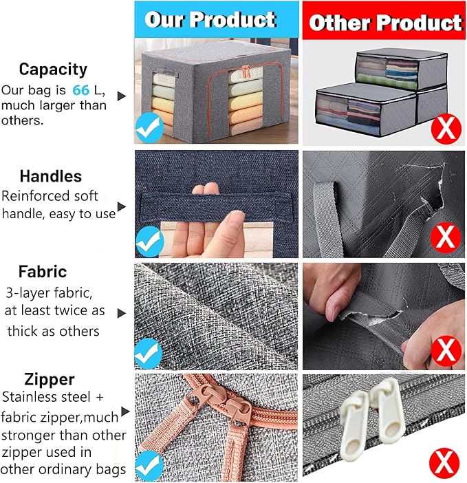 Large Storage Bags,Stackable Clothes Storage Bins with Hold Shape Metal Frame,Foldable Closet Organizer Containers with Zipper,Clear Window,Thick Fabric for Seasonal Clothing (Beige, 100L x 4 Pack)