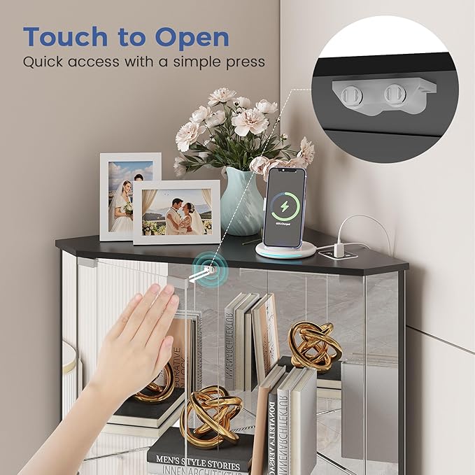 Corner Display Cabinet Set of 2 with Glass Doors, Small Display Case with 3-Color LED Lights and Charging Station, 2-Tier Curio Cabinet with Storage and Shelf, Black