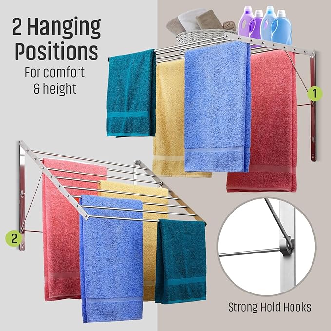 Smartsome | Wall Mounted | Clothes Drying Rack | 30" Wide | 20 Linear Feet Capacity | 8 Smooth Round Stainless Steel Rods | 60 lb Capacity | Fully Assembled | Compact Sturdy Space-Saving Design