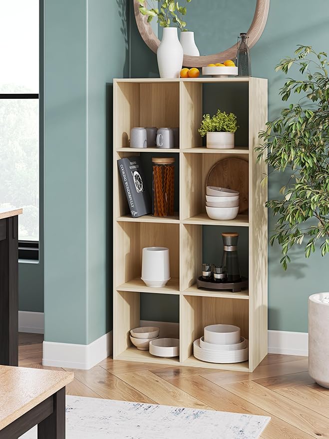 Signature Design by Ashley Piperton Contemporary 4-Tier Floor Standing 8 Cube Organizer, Wood, Works with 10.5" W x 10.5" D x 11" H Storage Bin (Sold Separately), Light Brown