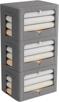 FHSQX 3 Pack Clothes Storage Bins Foldable Metal Frame Storage Box Stackable Linen Fabric Organizer Set with Carrying Handles and Clear Window (Dark Gray, 15.7x11.8x11.8inch(36L))