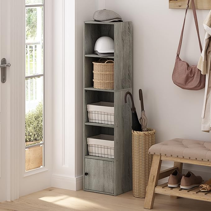 Furinno LUDER Book Shelf, 5-Tier Modern Bookshelf, Bookcase with 1 Door Storage Cabinet, 9.3 x 12 x 52, for Living Room, Bedroom, Home Office, French Oak