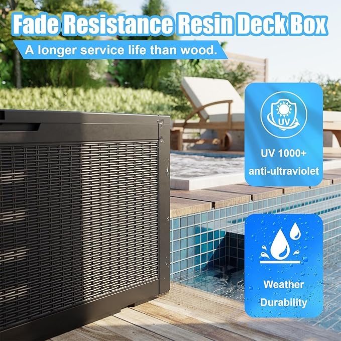 EasyUp 100 Gallon Deck Boxes Waterproof, Outdoor Large Storage Boxes with Lids, Outside Resin Storage Box & Deck Boxes for Patio, Garden Use(Black)