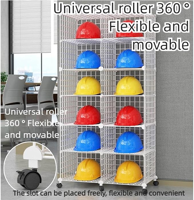 Stackable Safety Helmet Storage Boxes, Large Adjustable Hard Hat Placement Organizer Rack,with Wheels,for Construction Site/Garage/Workshop/Factory Helmet Display Shelf (Black, 18 Grids-3 * 6)