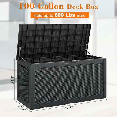 100 Gallon Outdoor Storage Box Waterproof, Resin Deck Box Doubles as 2-Person Bench Seat, Lockable Patio Storage Boxes Outdoor Waterproof for Furniture, Gardening Tools, Black