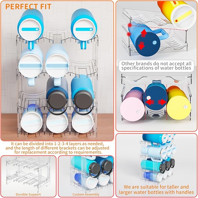 Yieach Stackable Water Bottle Organizer for Cabinet Yeti or Stanley Storage Organizers - Larger Compartment for 40 oz Stanley Cup Holder and Other Tumbler Organizers,Waterbottle Rack for Pantry,4 Tier