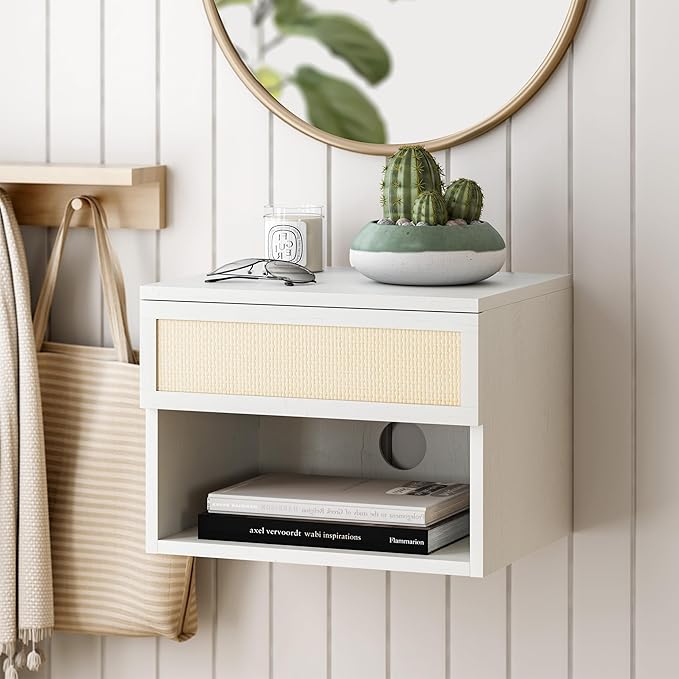 Rattan Floating Nightstands Set of 4, Wall Mounted End Table with Drawer and Open Compartment Modern Wood Bedside Night Stand Storage Cabinet for Bedroom Living Room, Antique White
