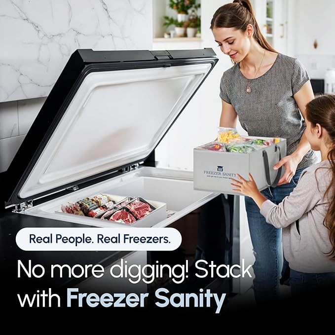 The Original Chest Freezer Organizer Bins, Stackable Storage Organizers, Deep Freezer Dividers, Handles, Heavy-Duty, Water-Proof (2 Pack Regular 15x14x9)