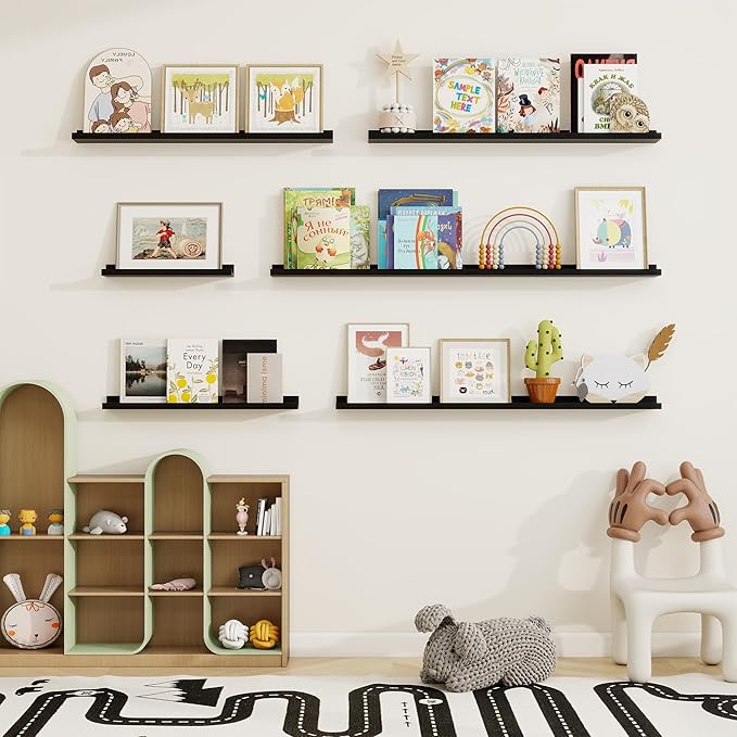 Picture Ledge Shelf, Floating Shelves Set of 2, 48 Inches Solid Wood Nursery Book Shelves for Toys Storage, Kids Bookshelf Wall Mounted for Living Room Bedroom Decor Books Photo Frames, Black