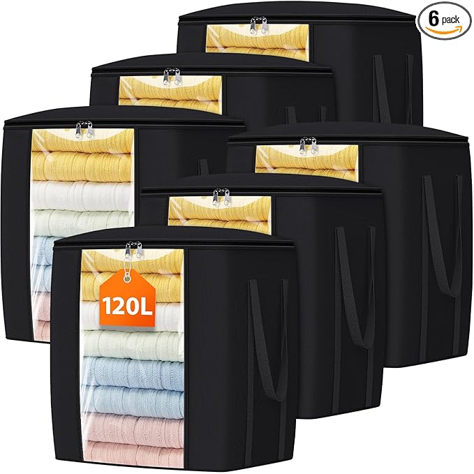 120L Extra Large Clothes Storage Bags, Foldable Blanket Storage and Organization, Thick Fabric Containers with Reinforced Handles & Zippers for Clothing, Comforters, Bedding, Black, 6 Pack