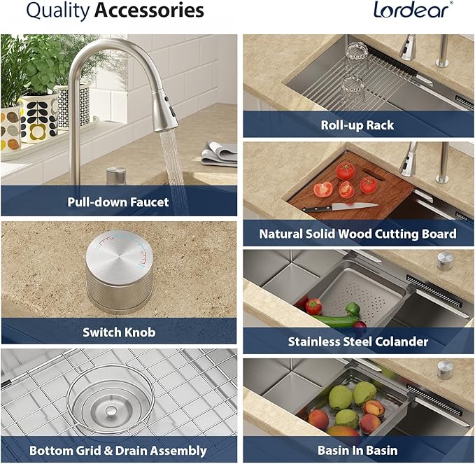 Lordear 33" Undermount Waterfall kitchen Sink - Undermount Kitchen Sink Stainless Steel16 Gauge Single Bowl Ledge Workstation Handmade Under Counter Smart Kitchen Sink 33 Inch