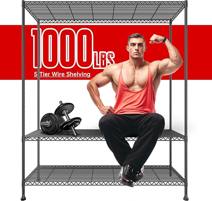 REIBII 45.8''W Storage Shelves 5 Tier Wire Shelving Metal Shelves for Storage 1000LBS Adjustable Heavy Duty Metal Shelving Unit Storage for Pantry Kitchen Garage 45.8" W x 71" H x 17.2" D 4PCS