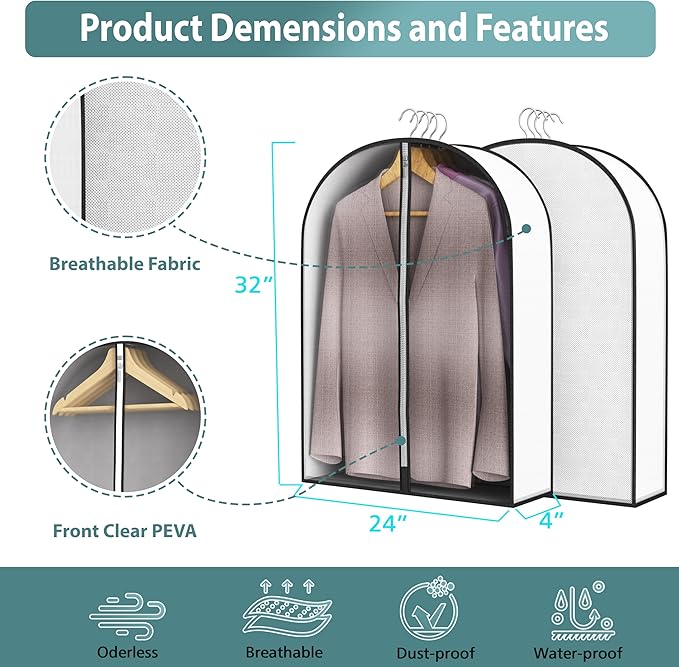 32” Garment Bags for Hanging Clothes 4” Gusseted - with Clear Window, Breathable Fabric, Metal Zipper, Suit Coat Fur Protector for Closet storage, clothes Season Off, Moving, 3 Pack