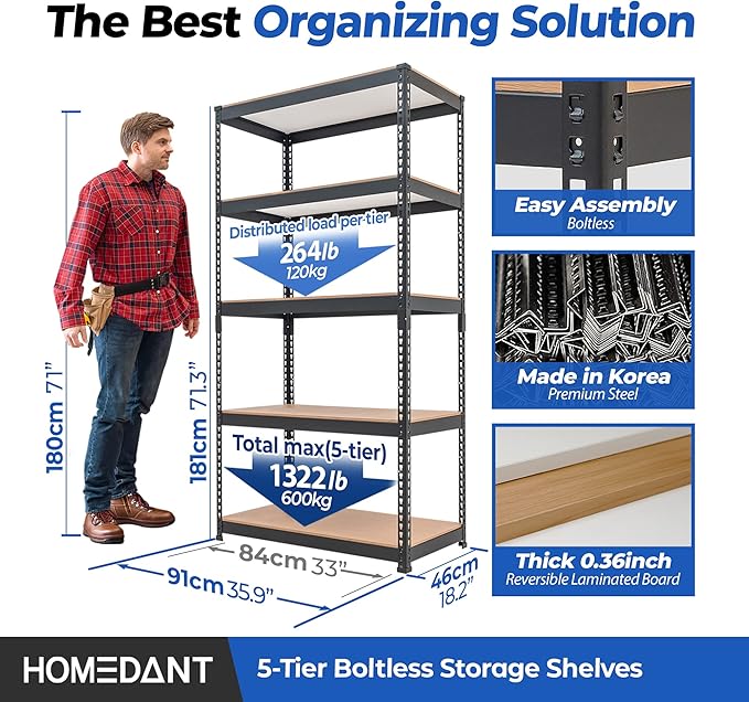 HOMEDANT 5-Tier Laminated Boltless Heavy Duty Metal Shelving Unit Adjustable Garage Storage Utility Rack Shelves Organization Multipurpose Shelf Warehouse Industrial (10, (M) 35.9" W, Black)