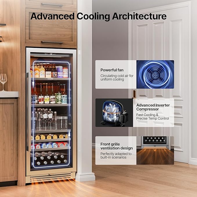 Ca'Lefort 24 Inch Beverage Refrigerator, 238 Cans Tall Beverage Fridge with Glass Door, 40-65°F Drink Fridge with 3 LED for Bar/Kitchen/Office, Freestanding or Built-In Beer Cooler for Beer/Soda/Wine