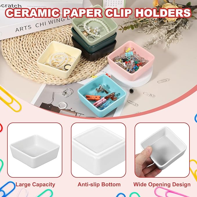 PATIKIL Square Paper Clip Holders, Ceramic Bowl Dish Clip Dispenser Organizer Desk Organizer Accessories for Office Desktop Decor Bobby Pin Binder Paper Clamp, White