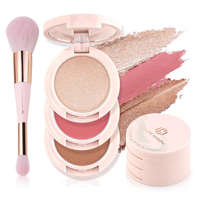 Color Nymph 3 Colors Contour Blush Highlighter Makeup Palette | 3-IN-1 Multi-Colored Shimmer & Matte Long-Lasting Travel-Friendly Make up Kit, Includes Brush & Mirror | Stacked Makeup Design (Purple)