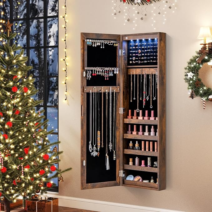 Giantex Wall or Door Mounted Jewelry Cabinet with Full Length Mirror, Over The Door Jewelry Armoire Organizer with Lights, Large Storage with Necklace Hooks, Earring Slots & Shelves (Rustic Brown)
