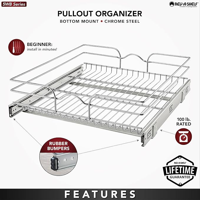 Rev-A-Shelf Kitchen Cabinet Pullout Shelf and Drawer Organizer Slide Out Pantry Storage Basket in Multiple Sizes, 24 x 22 In, 5WB1-2422CR-1