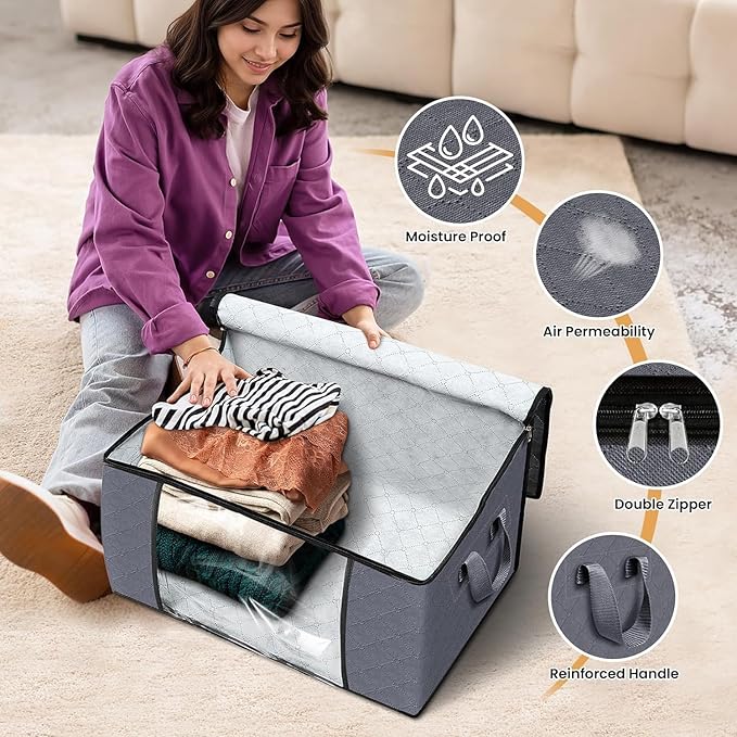 Large Clothes Storage Bags 4 Pack, Foldable Closet Organizers with Durable Breathable Fabric & Clear Window for Blankets, Comforters, Pillows, Bed Sheets, Toys & Seasonal Clothing (Gray)