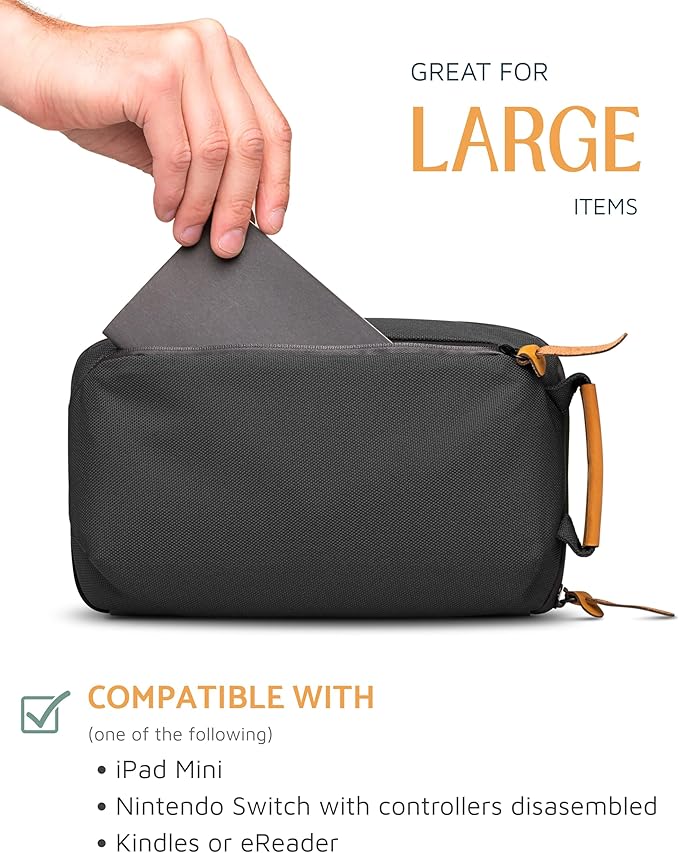 Tech Bag Organizer - Small Electronics Organizer Pouch for Travel - Premium Travel Case with Leather Accents - Mesh Pocket for Cables, Cords and Chargers (Black)