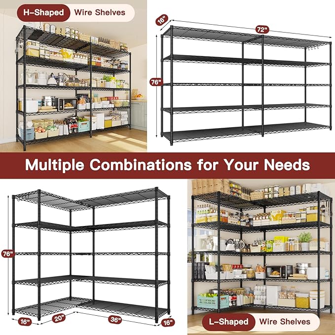 PrimeZone 5 Tier 72" W x 16''D x 76''H Metal Storage Wire Shelves - Heavy Duty Standing Garage Shelving Unit, Adjustable Steel Wire Rack Utility Shelf for Warehouse Kitchen Pantry Corner, Black