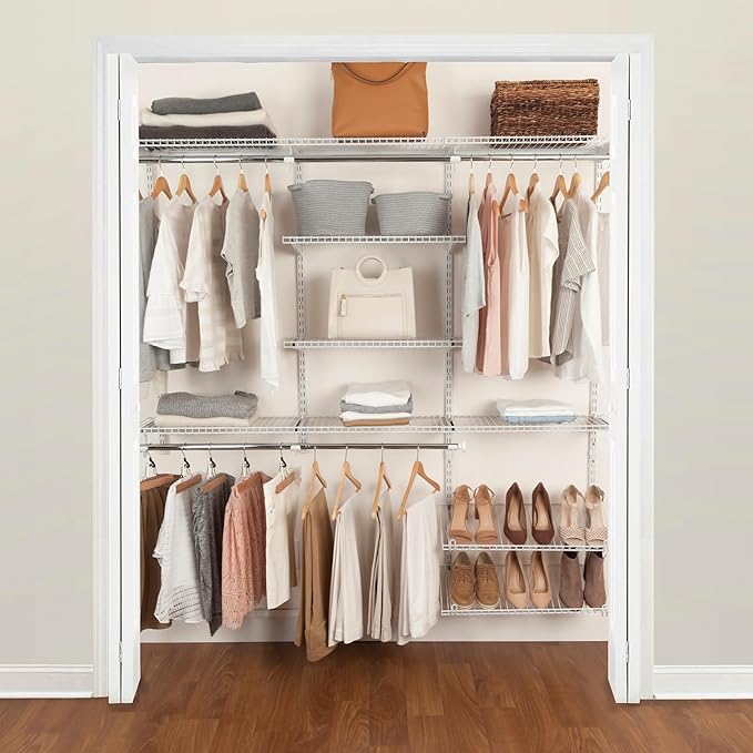Rubbermaid Configurations Custom Closet Kit 6-10 Ft. Adjustable Metal Wire Shelving White Finish Expandable Organization System Hardware Included for Home Closet/Pantry/Laundry/Mudroom