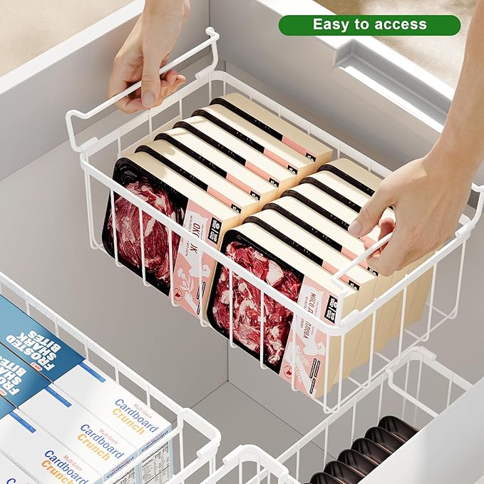 3 Pack Stackable Wire Storage Baskets With Tag, Freezer Organizer Bins for Most 7 Cu.FT Freezer Sort Frozen Meats, Deep Freezer Organizer Bins with Handle Add Space Easy Reach, White