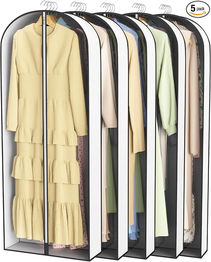 60” Garment Bags for Hanging Clothes 4” Gusseted - with Clear Window, Breathable Fabric, Metal Zipper, Suit Coat Long Dress Protector for Clothes Closet storage, Season Off, Moving, 5 Pack
