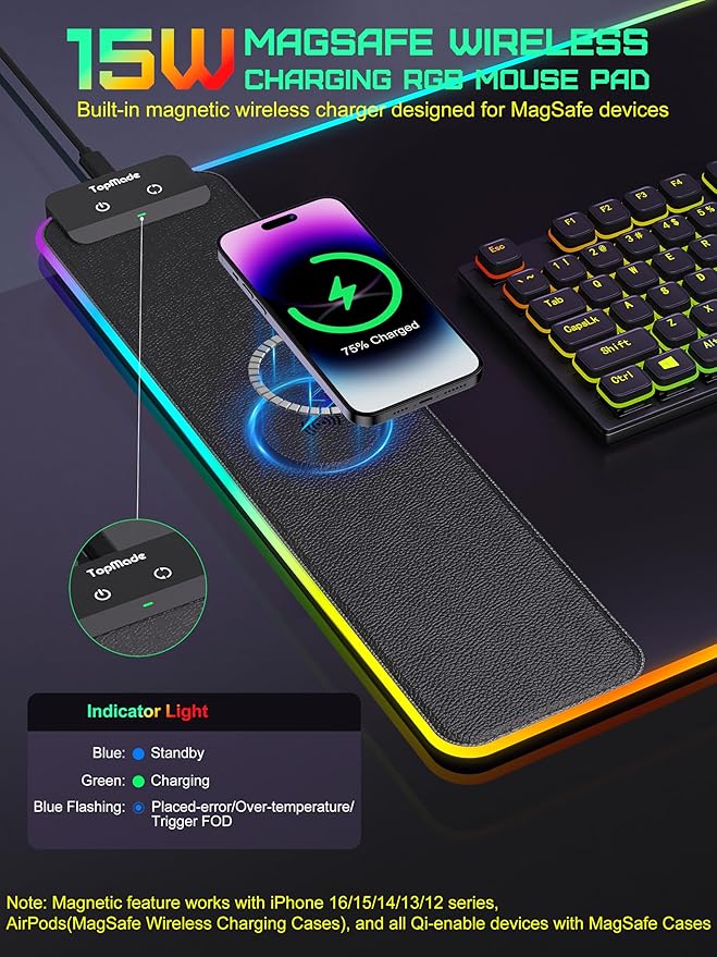 TopMade Mouse Pad with Wireless Charging, 31.5" x 15.75" Large Desk Mat RGB Gaming Mousepad, LED Desk Pad Keyboard Pad, Waterproof Desk Pad (Includes 20W PD Power Adapter & 6.56ft Woven Cable)
