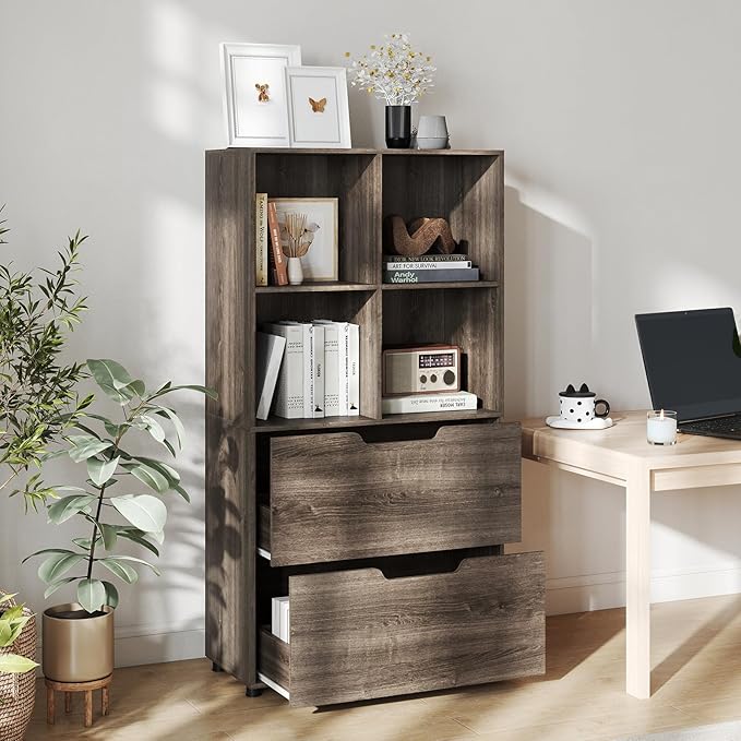 GOFLAME 4-Tier Bookcase with 2 Drawers, 51” Tall Bookshelf with 4-Cube Open Shelf, Wood, Modern, Freestanding Display Storage Organizer Shelf for Living Room, Home Office (2,Gray)