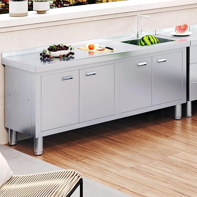 WWK 59" x 21" Stainless Steel Sink with Cabinet, Freestanding Utility Sink Laundry Sink, Heavy Duty Commercial Kitchen Sink for Outdoor, Restaurant, Hotel, Cafe, and Garage, 21D x 59W x 35H inches