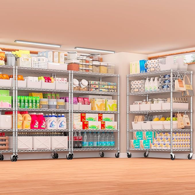 PrimeZone 5 Tier 48" Wx24''Dx81''H Wire Shelving with Wheels 3000lbs NSF Certified Storage Shelves Heavy Duty Metal Shelf Adjustable Rolling Rack Commercial Garage Restaurant Warehouse Kitchen Chrome