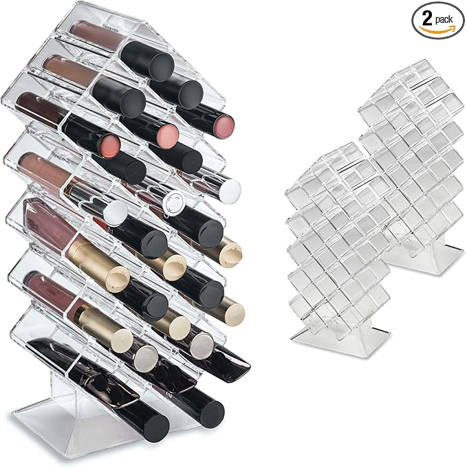 BY ALEGORY (Set Of 2) Acrylic Lip Gloss Makeup Organizer 28 Space Storage w/Deep Slots Designed To Stand Lay Flat & Be Stacked Refillable Cosmetic Container - Clear
