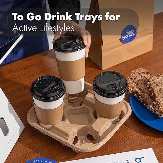 FMP Brands 4 Cup Disposable Drink Carrier Trays, 320 Pack Compostable Pulp Fiber Cup Holder for 8-32oz Cup, Durable to Go Coffee Cup Holders for Delivery Service, Uber Eats