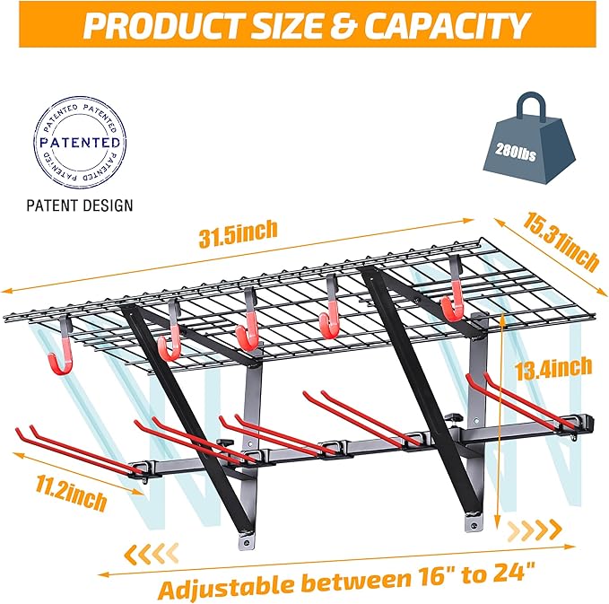 PLKOW Wall-Mounted Ski Rack, Skis Storage Rack for Garage Shed with Top Storage Shelf, Customizable Spacing, Supports Up to 280 lbs, Steel, 1-Pack