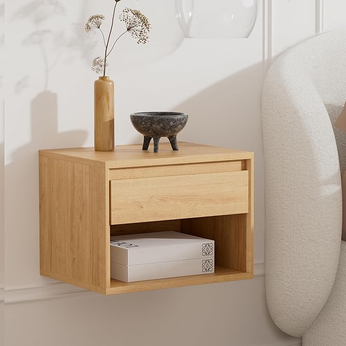 Floating Nightstand Set of 3, Wall Mounted Bedside Table with Storage Drawer and Open Shelf, Modern Night Stand with Handless Design for Living Room, Bedroom, Dorm, Natural Oak