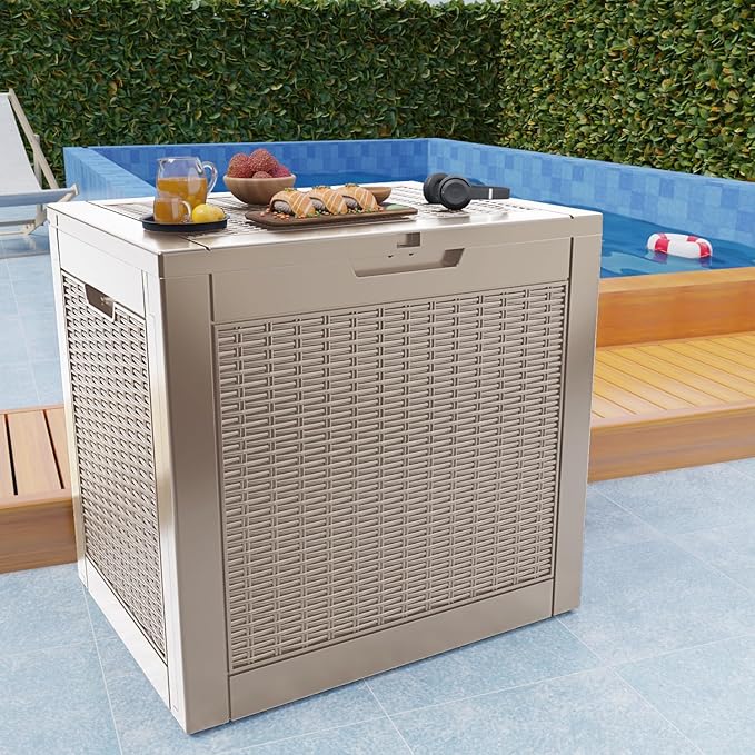 31 Gallon Outdoor Deck Box,Storage Lockable Waterproof Patio Furniture,Garden Tools,Cushions,Pool Accessories Outside Storage Resin Box(Grey)