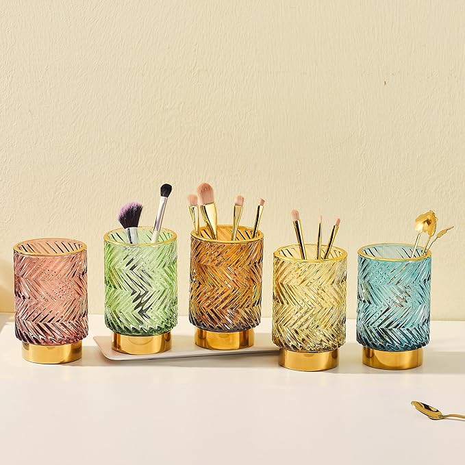 Makeup Brush Holder Organizer,Toothbrush Holders,Desk Pen Pencil Holder,Multifunctional Vintage Glass Brush Cup（A40-2-US）