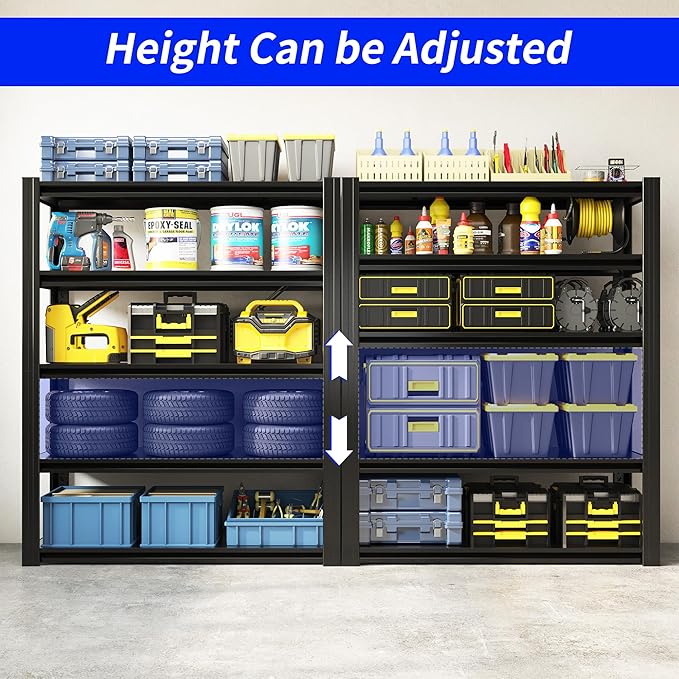 72" H Metal Storage Shelving, 3000LBS Heavy Duty Shelves Unit, Adjustable 5 Tier Storage Rack, Industrial Utility Shelf for Garage, Warehouse, Bedroom, Kitchen,24" D×48“W×72”H, Black