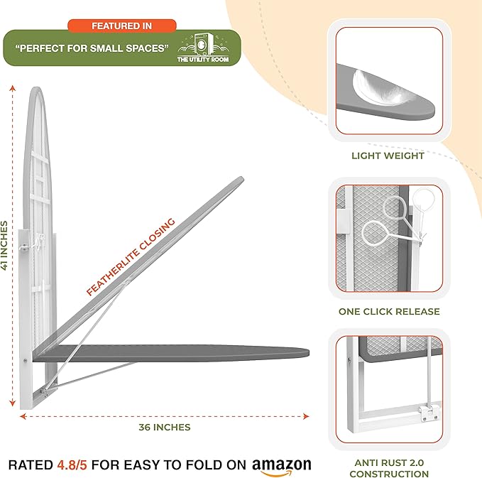 Xabitat Wall Mounted Ironing Board, 36.2" X 12.2" Compact Mount Fold Down Iron Board for Small Spaces, Space Saving with Cotton Fabric Cover, White and Blue