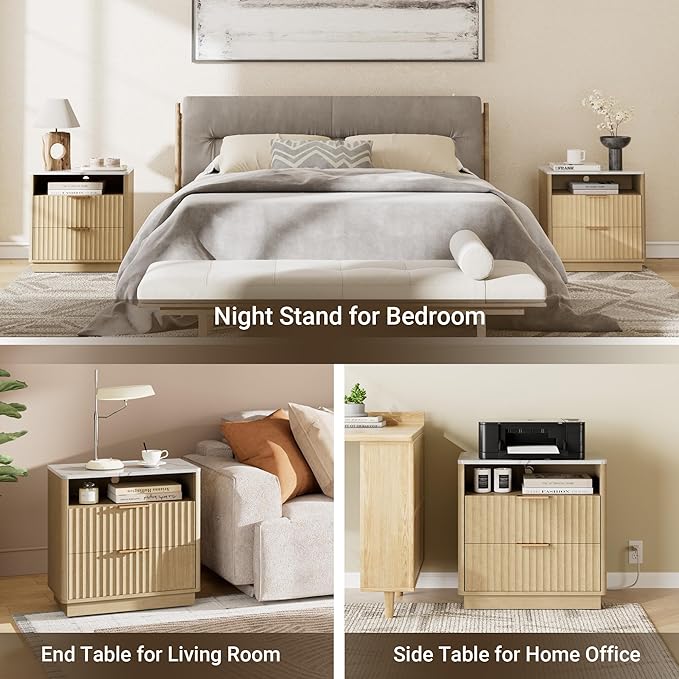 Large Fluted Night Stand Set of 2 with Charging Station, 23" Modern End Table with Faux Marble Top, 2 Drawers Nightstand with Storage for Bedroom Living Room, Curved Profile (Natural Oak)