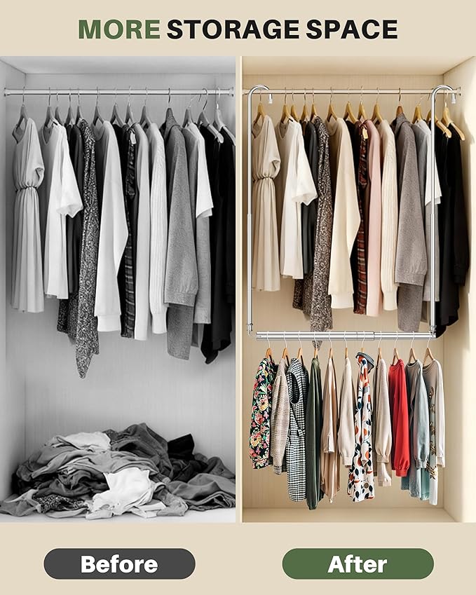 Hanging Closet Rod, Adjustable Height & Width Closet Rods for Hanging Clothes-Closet Extender Hanging Rod Space-Maximizing Design Suitable for Hanging and Drying Clothes, Silver