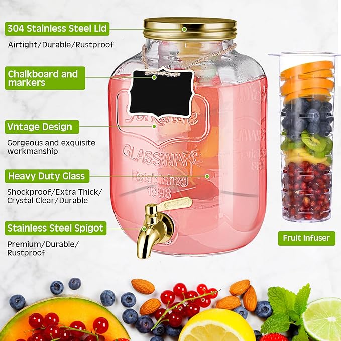 Lallisa 2 Pcs 2 Gallon Glass Drink Dispenser with Stand Ice Cylinder Hanging Chalkboard Signs 18/8 Stainless Steel Spigot Beverage Dispensers for Parties Mason Jar Drink Lemonade (Gold)