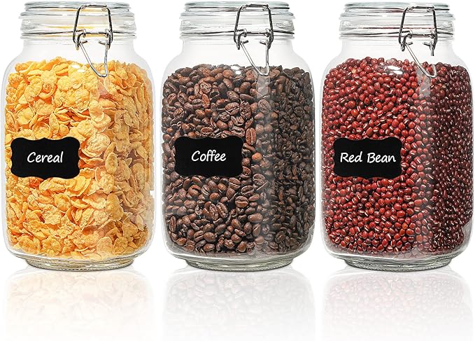 ComSaf Airtight Glass Canister Set of 3 with Lids 51oz Clear Food Storage Jars Square, Kitchen & Pantry Organization Food Storage Container for Canning, Sugar, Flour, Pasta, Candy, Cereal, Coffee