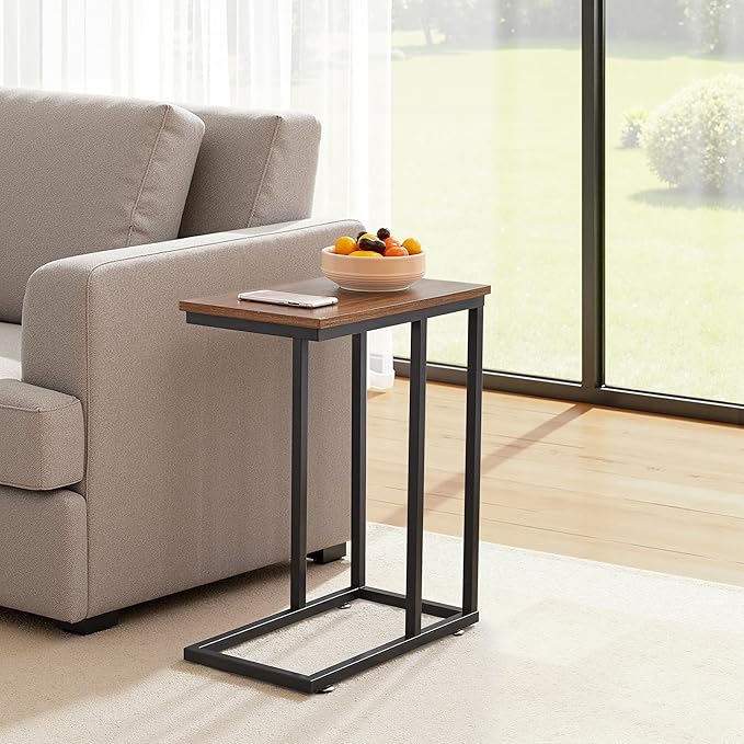 VECELO C Shaped End Side Table for Sofa Couch and Bed Snack TV Tray for Living Room Bedroom, 2 PCS, Brown