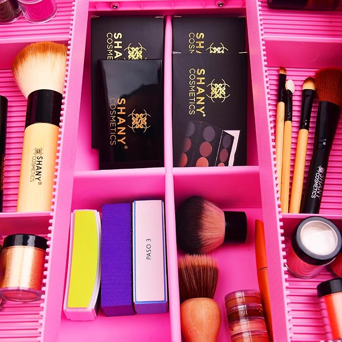 SHANY Essential Pro Makeup Train Case Cosmetic Box Portable Makeup Case Cosmetics Beauty Organizer Jewelry storage with Locks, Multi Compartments Makeup Box and Shoulder Strap - Pink